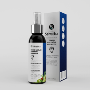 Envase pulverizador negro de tónico capilar y para barba Fusión Selvática con caja gris y azul de 110 ml y 3.7 fl oz.
